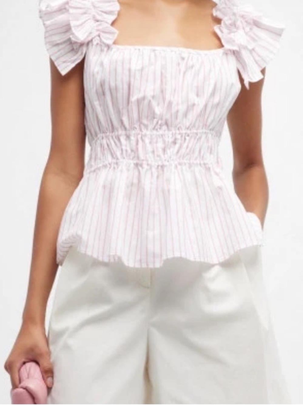 NWT Harshman Alize Blouse White Rose Pink Stripe Ruffle Peplum Top Size L